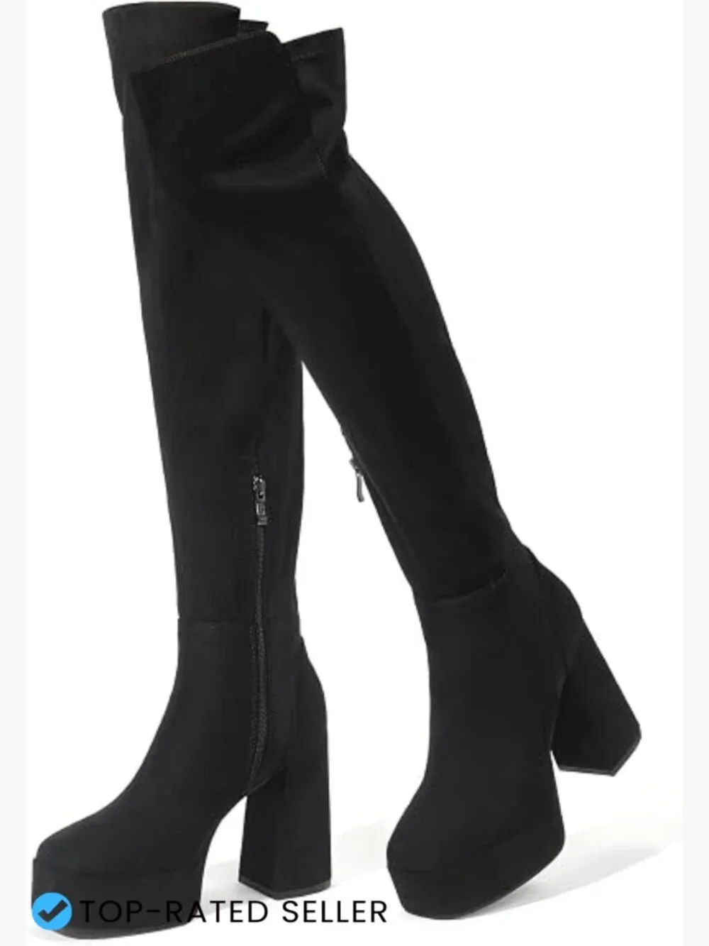 Thigh High Platform Boots Chunky Block Heel Side Zip Stretch Over the Knee